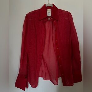Gianfranco Ferre Sheer Women’s Red Silk Pleated button down Top with Size 42